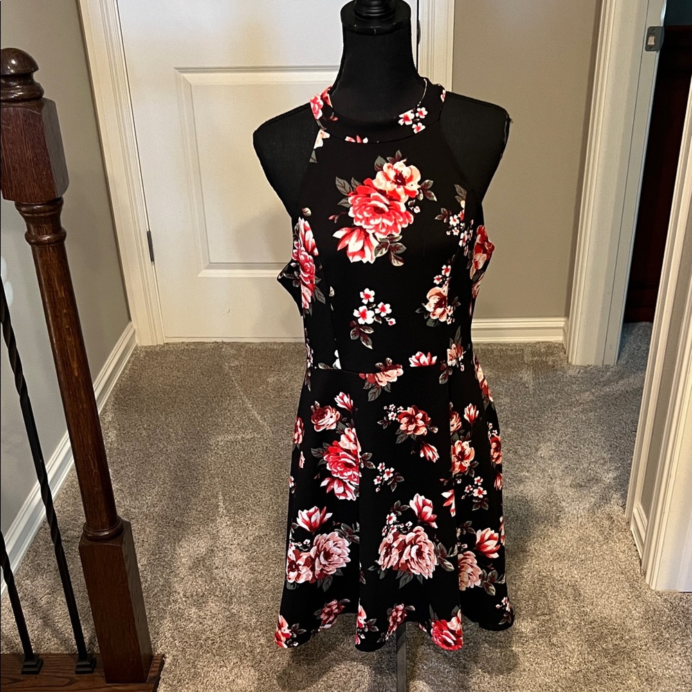 Women’s Floral Halter Dress Black Red Rose Print A-Line Sleeveless Keyhole Back